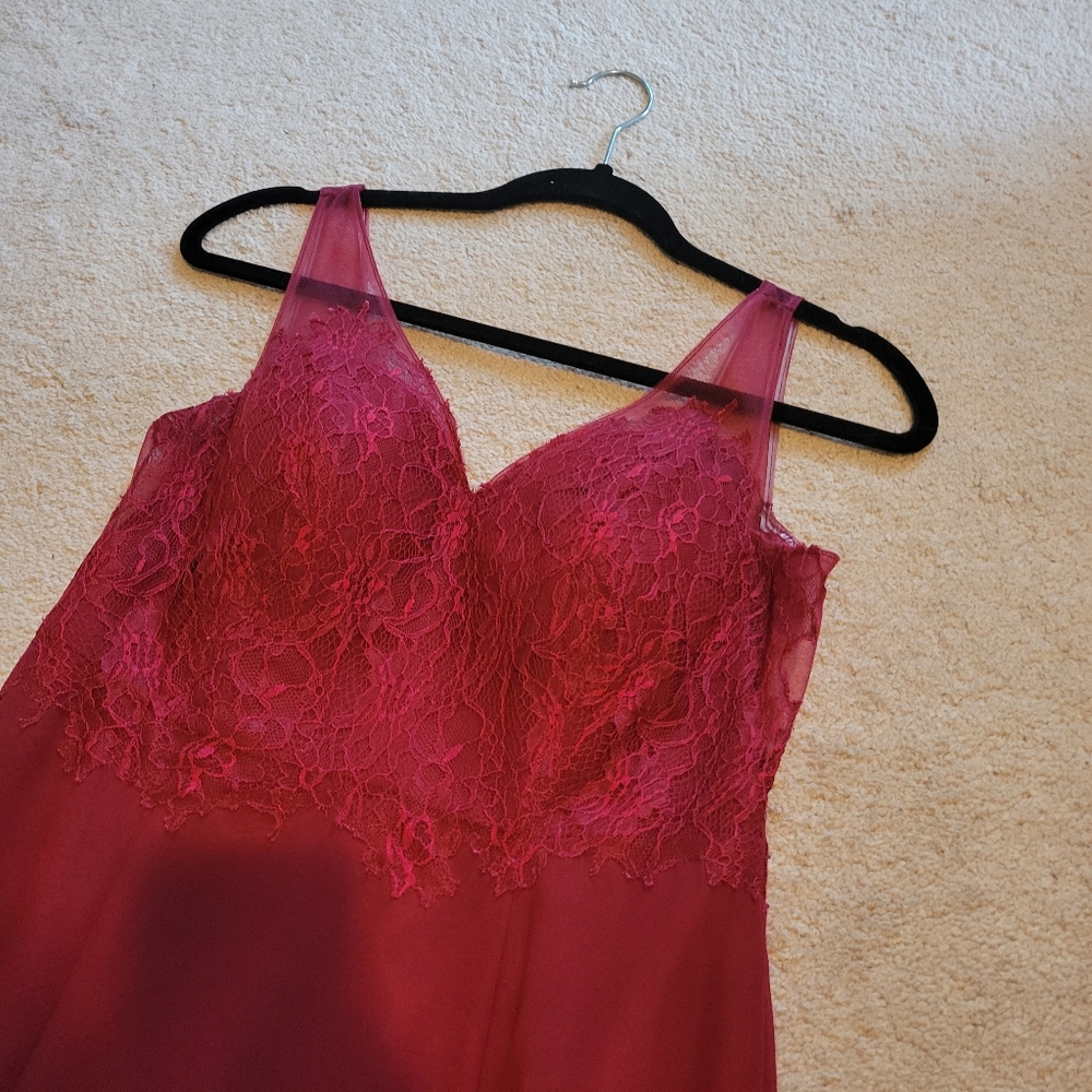 Azazie Burgundy V-Neck Lace Bodice Evening Gown - Picture 4 of 8